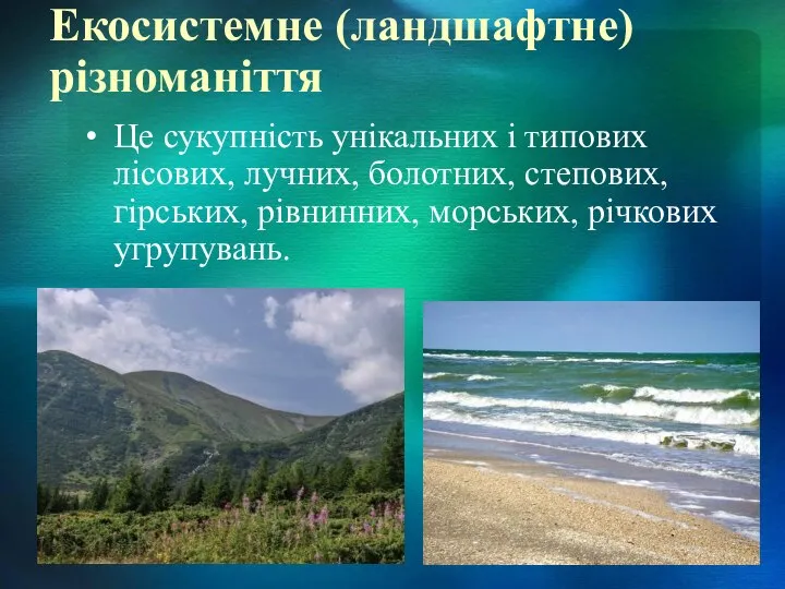 Екосистемне (ландшафтне) різноманіття Це сукупність унікальних і типових лісових, лучних, болотних,