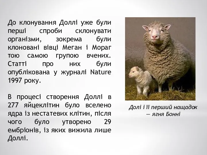 До клонування Доллі уже були перші спроби склонувати організми, зокрема були