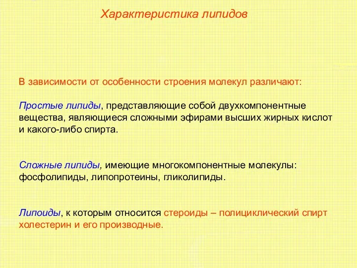 Характеристика липидов В зависимости от особенности строения молекул различают: Простые липиды,