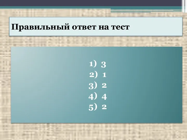 Правильный ответ на тест 1) 3 2) 1 3) 2 4) 4 5) 2