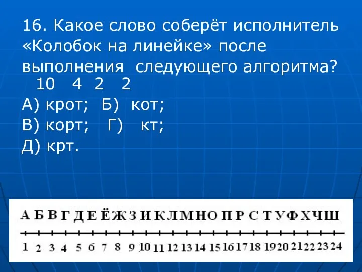 16. Какое слово соберёт исполнитель «Колобок на линейке» после выполнения следующего