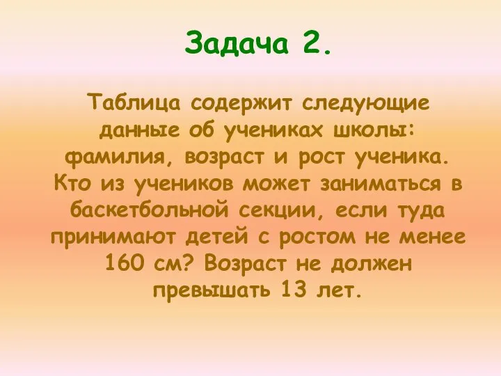 Задача 2. Таблица содержит следующие данные об учениках школы: фамилия, возраст