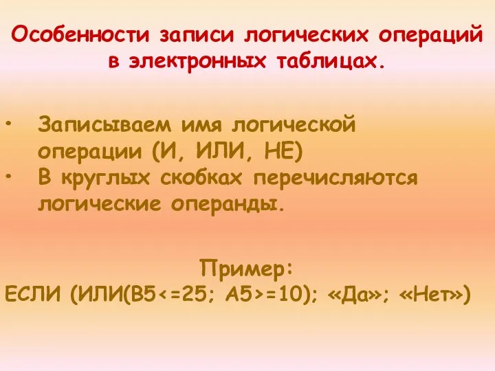 Особенности записи логических операций в электронных таблицах. Записываем имя логической операции