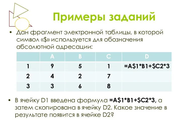 Примеры заданий Дан фрагмент электронной таблицы, в которой символ «$» используется