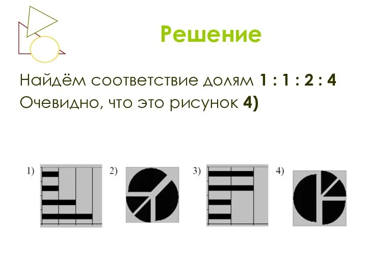 Решение Найдём соответствие долям 1 : 1 : 2 : 4 Очевидно, что это рисунок 4)