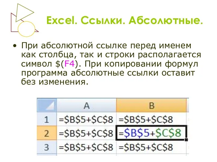 Excel. Ссылки. Абсолютные. При абсолютной ссылке перед именем как столбца, так