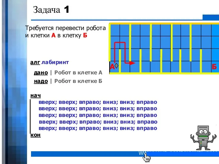 Задача 1 Требуется перевести робота и клетки А в клетку Б