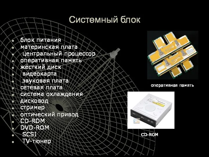 Системный блок блок питания материнская плата центральный процессор оперативная память жёсткий