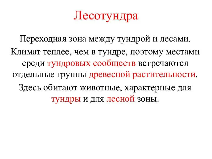 Лесотундра Переходная зона между тундрой и лесами. Климат теплее, чем в