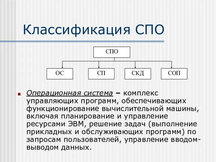 Классификация СПО Операционная система – комплекс управляющих программ, обеспечивающих функционирование вычислительной