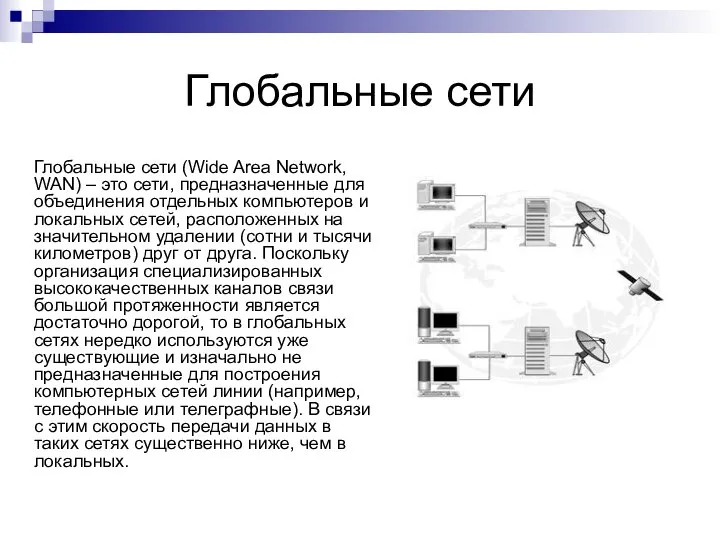 Глобальные сети Глобальные сети (Wide Area Network, WAN) – это сети,