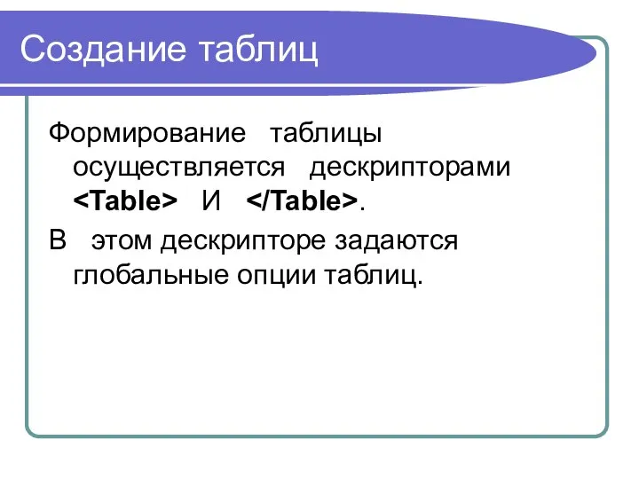 Создание таблиц Формирование таблицы осуществляется дескрипторами И . В этом дескрипторе задаются глобальные опции таблиц.