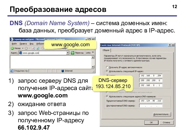 Преобразование адресов DNS (Domain Name System) – система доменных имен: база