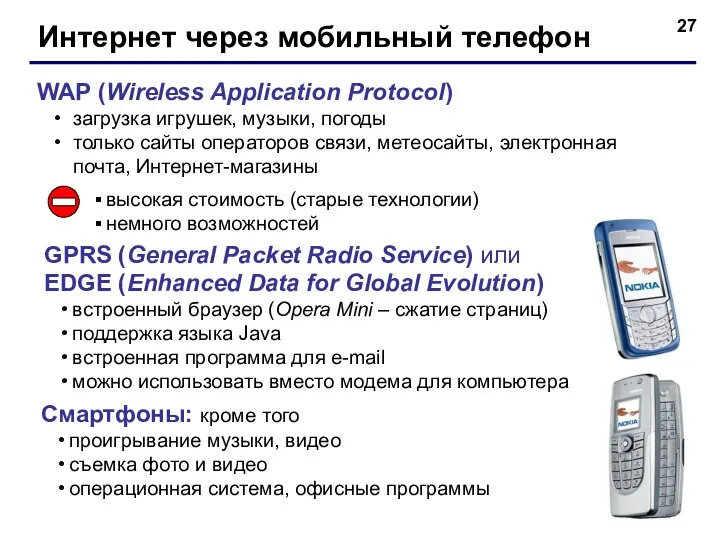 Интернет через мобильный телефон WAP (Wireless Application Protocol) загрузка игрушек, музыки,