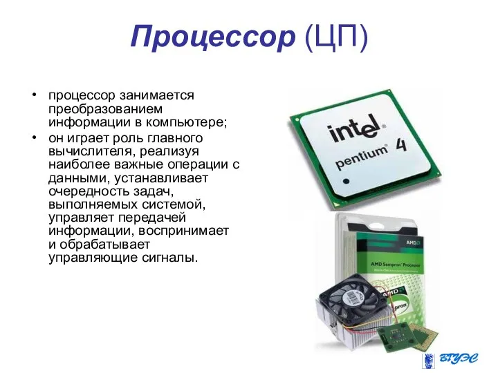 Процессор (ЦП) процессор занимается преобразованием информации в компьютере; он играет роль