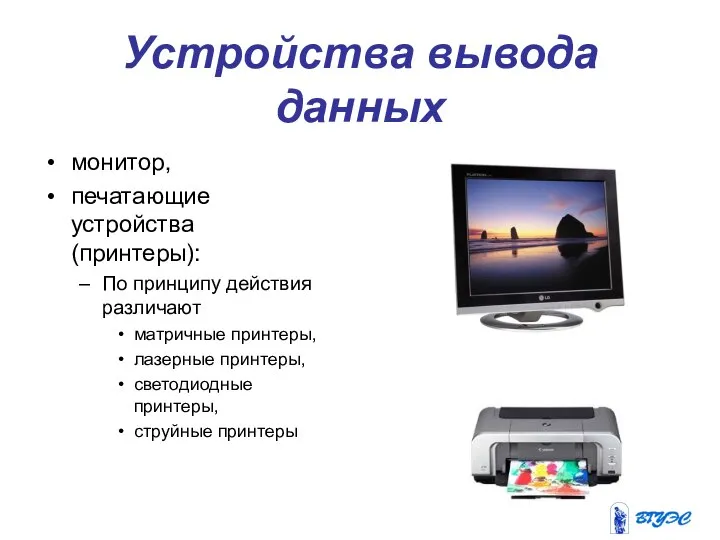 Устройства вывода данных монитор, печатающие устройства (принтеры): По принципу действия различают