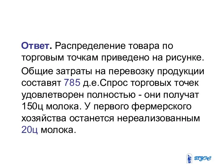 Ответ. Распределение товара по торговым точкам приведено на рисунке. Общие затраты