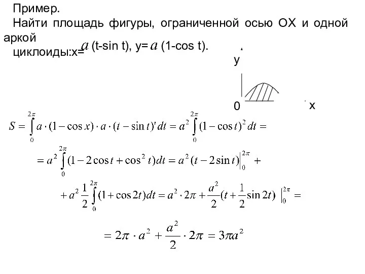 Пример. Найти площадь фигуры, ограниченной осью OX и одной аркой циклоиды:x= (t-sin t), y= (1-cos t).