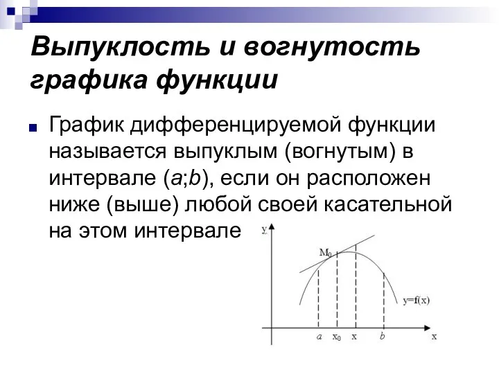 Выпуклость и вогнутость графика функции График дифференцируемой функции называется выпуклым (вогнутым)