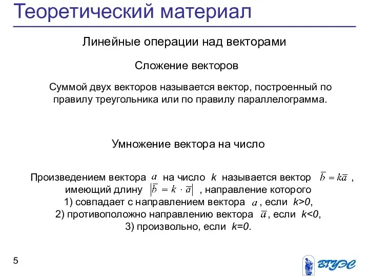 Теоретический материал Линейные операции над векторами Сложение векторов Умножение вектора на