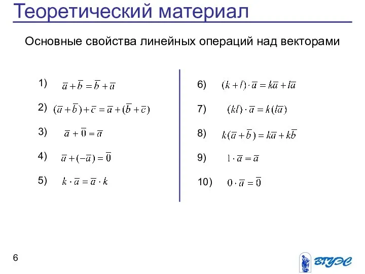 Теоретический материал Основные свойства линейных операций над векторами 1) 2) 3)