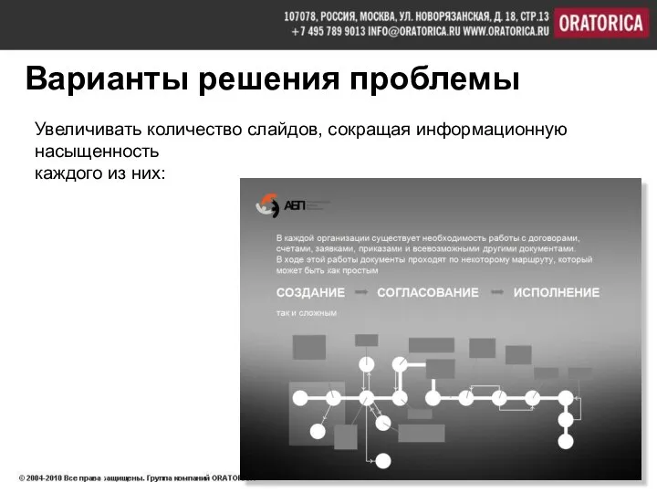 Варианты решения проблемы Увеличивать количество слайдов, сокращая информационную насыщенность каждого из них: