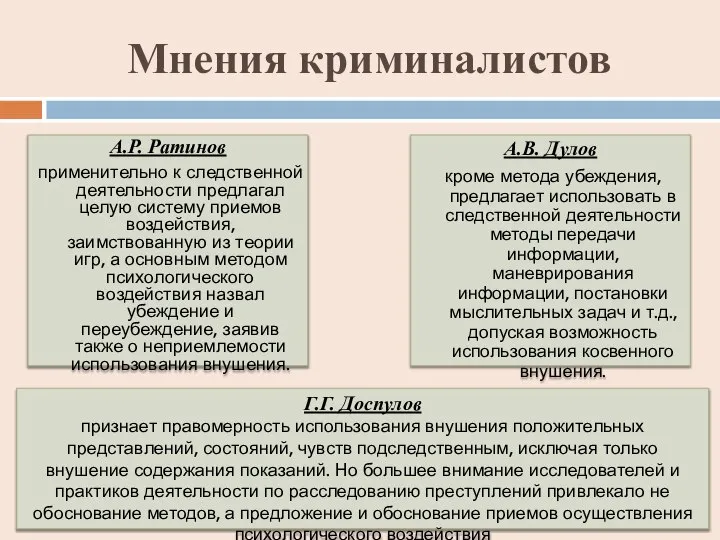 Мнения криминалистов А.Р. Ратинов применительно к следственной деятельности предлагал целую систему