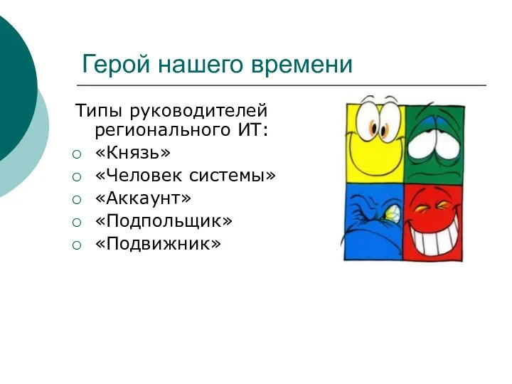 Герой нашего времени Типы руководителей регионального ИТ: «Князь» «Человек системы» «Аккаунт» «Подпольщик» «Подвижник»