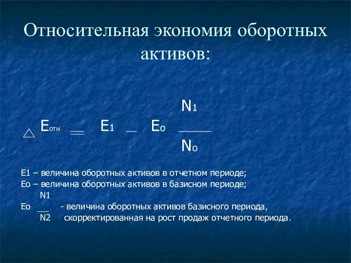 Относительная экономия оборотных активов: N1 Еотн Е1 Ео No Е1 –