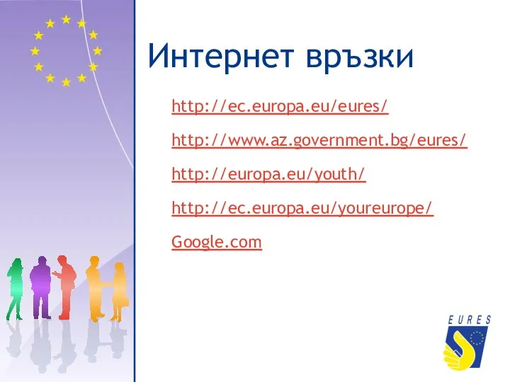 Интернет връзки http://ec.europa.eu/eures/ http://www.az.government.bg/eures/ http://europa.eu/youth/ http://ec.europa.eu/youreurope/ Google.com