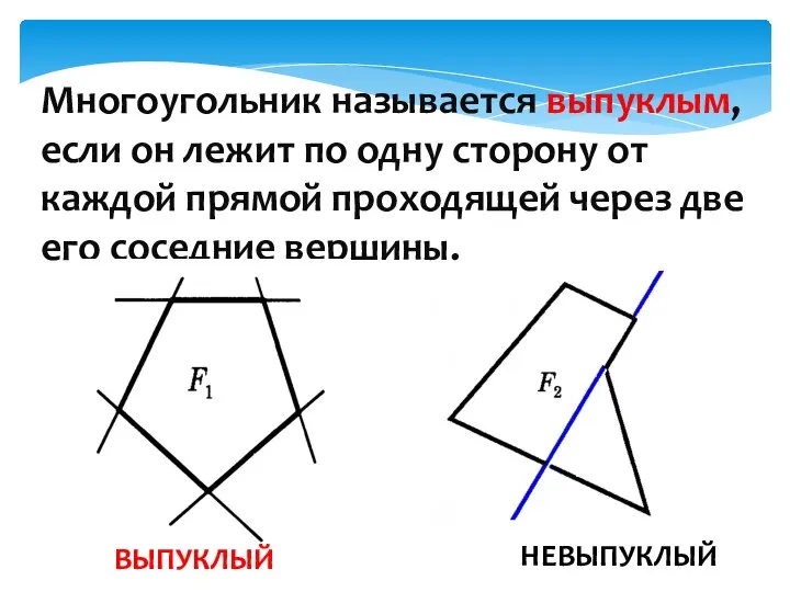 Многоугольник называется выпуклым, если он лежит по одну сторону от каждой