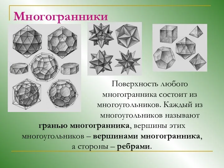 Многогранники Поверхность любого многогранника состоит из многоугольников. Каждый из многоугольников называют