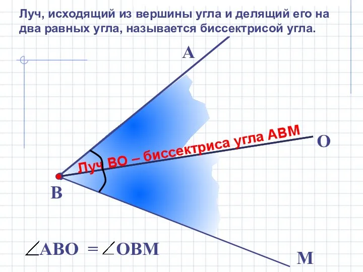 В М А O Луч ВО – биссектриса угла АВМ Луч,