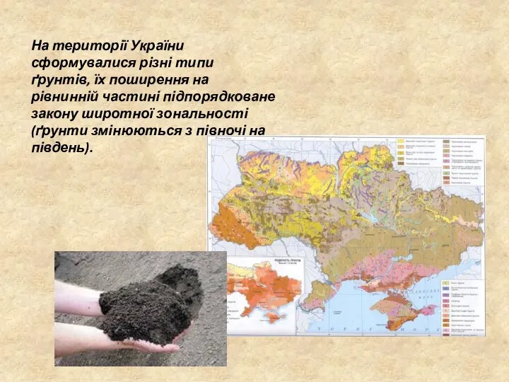 На території України сформувалися різні типи ґрунтів, їх поширення на рівнинній