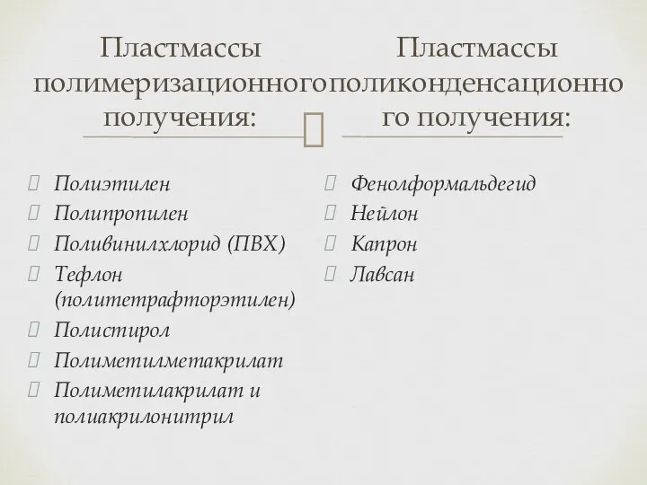 Пластмассы полимеризационного получения: Полиэтилен Полипропилен Поливинилхлорид (ПВХ) Тефлон (политетрафторэтилен) Полистирол Полиметилметакрилат