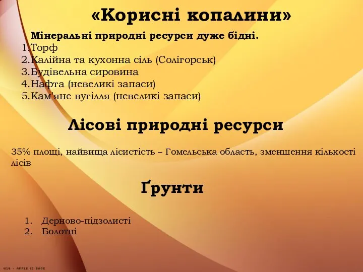 «Корисні копалини» Мінеральні природні ресурси дуже бідні. Торф Калійна та кухонна