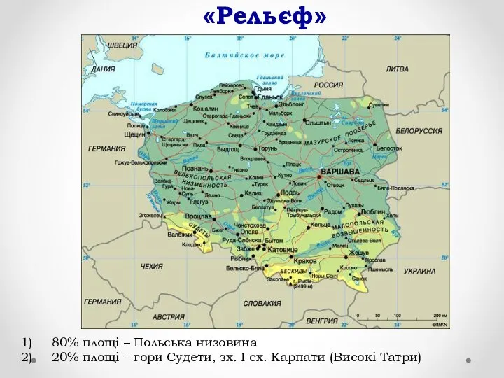 «Рельєф» 80% площі – Польська низовина 20% площі – гори Судети,