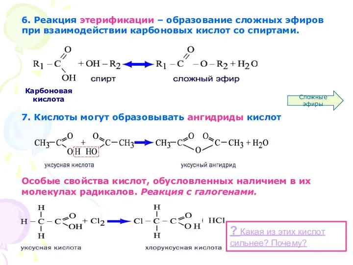 6. Реакция этерификации – образование сложных эфиров при взаимодействии карбоновых кислот