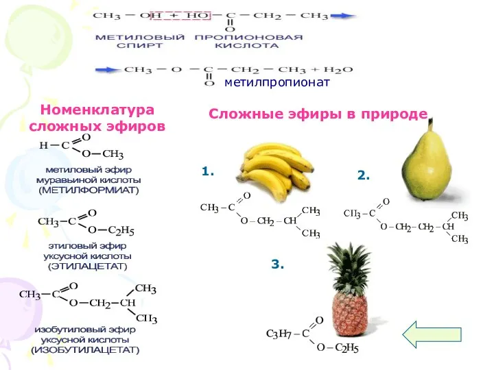 Номенклатура сложных эфиров Сложные эфиры в природе 1. 2. 3. метилпропионат