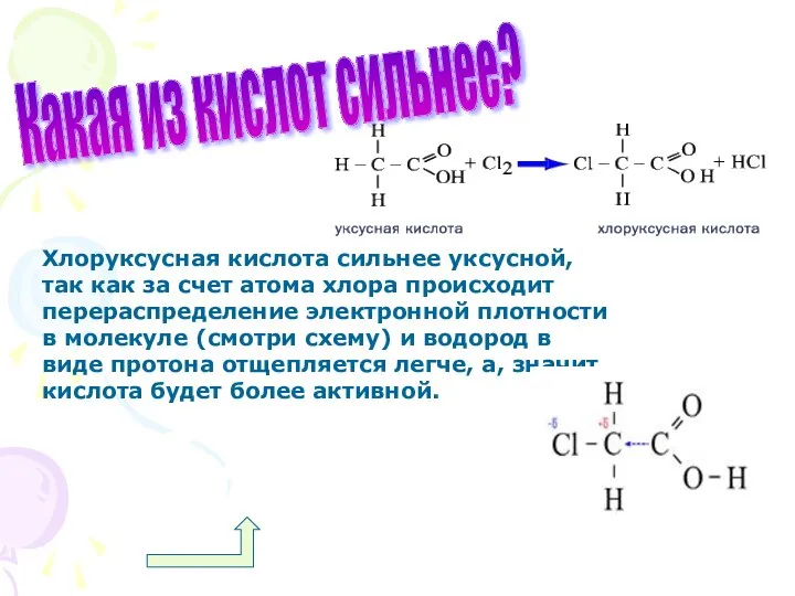 Какая из кислот сильнее? Хлоруксусная кислота сильнее уксусной, так как за