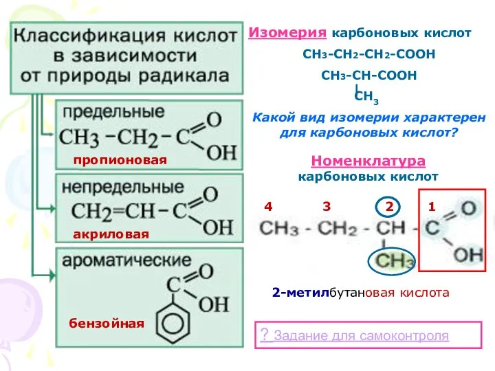 Изомерия карбоновых кислот СН3-СН2-СН2-СООН СН3-СН-СООН СН3 Какой вид изомерии характерен для