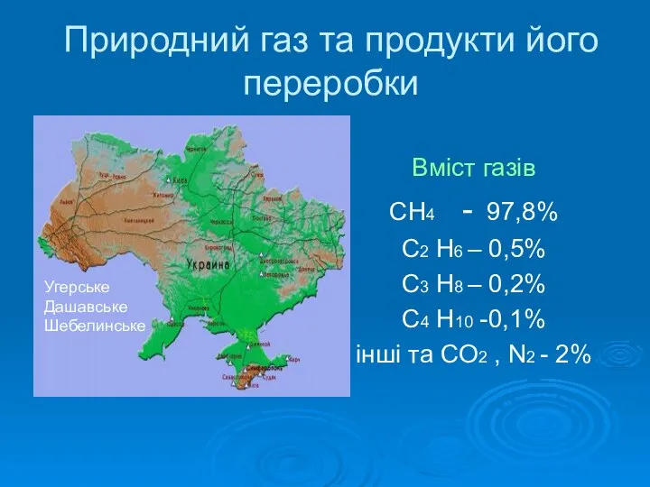 Природний газ та продукти його переробки Вміст газів СН4 - 97,8%