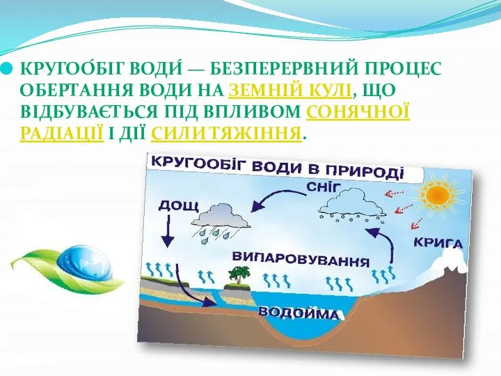 Кругоо́біг води́ — безперервний процес обертання води на земній кулі, що