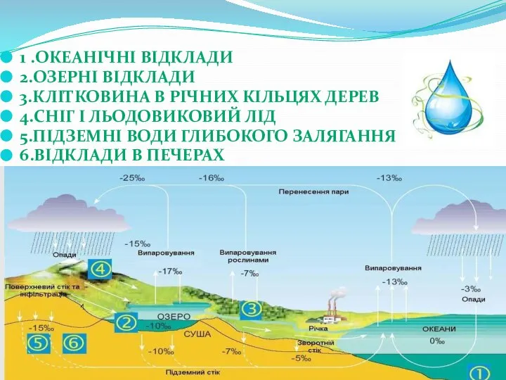 1 .Океанічні відклади 2.Озерні відклади 3.Клітковина в річних кільцях дерев 4.Сніг