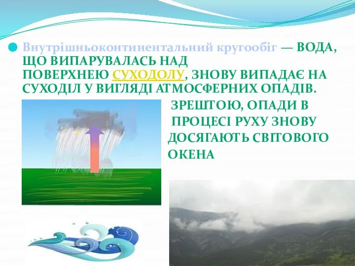 Внутрішньоконтинентальний кругообіг — вода, що випарувалась над поверхнею суходолу, знову випадає