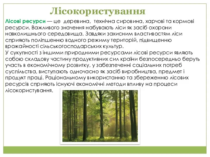 Лісові ресурси — це деревина, технічна сировина, харчові та кормові ресурси.