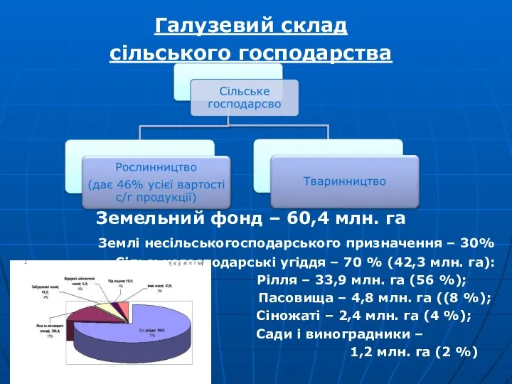 Галузевий склад сільського господарства Земельний фонд – 60,4 млн. га Землі