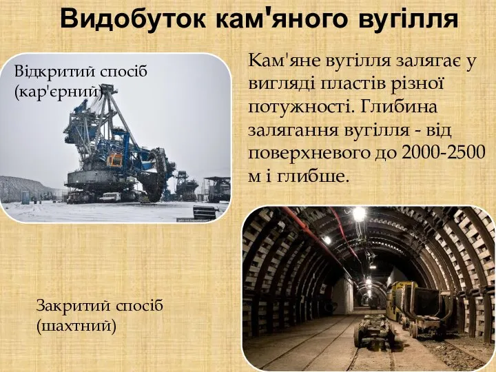 Видобуток кам'яного вугілля Кам'яне вугілля залягає у вигляді пластів різної потужності.