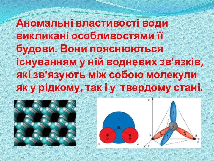 Аномальні властивості води викликані особливостями її будови. Вони пояснюються існуванням у