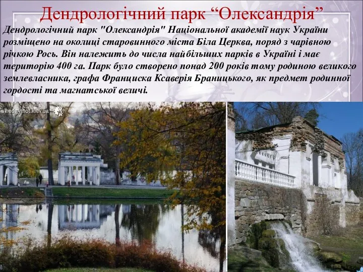 Дендрологічний парк "Олександрія" Національної академії наук України розміщено на околиці старовинного